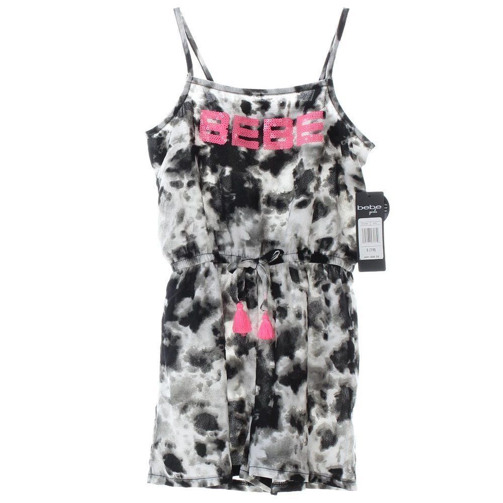BEBE Girls Tie Dye Romper Pink Sequin Logo NWT Size S 7/8